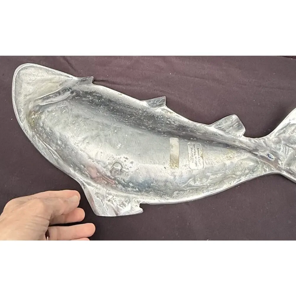 Vintage Cast Aluminum Silver Rainbow Trout Fish Shaped Serving Bowl Platter 21